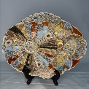 Vintage Japanese Kutani Imari Plate Hand-Painted Gilded Porcelain Fan Motif